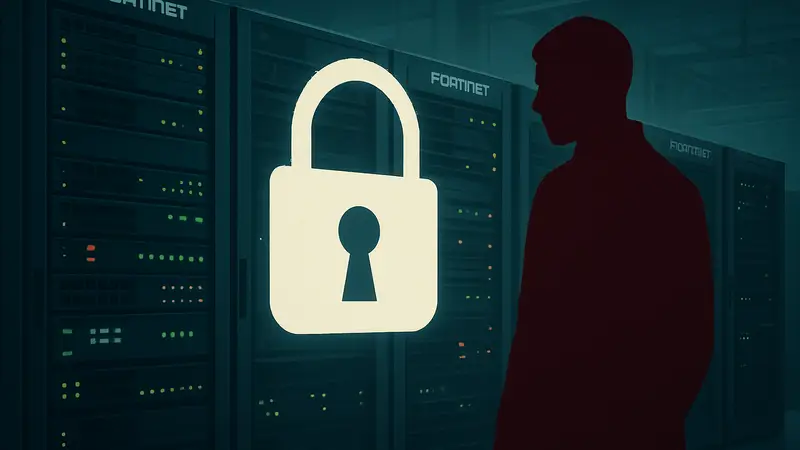 Символ кибербезопасности на фоне серверной стойки Fortinet