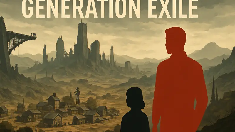 Обложка игры Generation Exile, иллюстрация города на фоне постапокалиптического пейзажа.