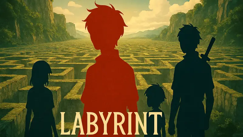 Изображение постера аниме-фильма «Лабиринт» с главными героями и новым логотипом