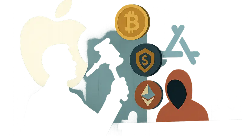Логотип Apple и иконки криптовалют, иллюстрирующие судебный иск и мошенничество в App Store.
