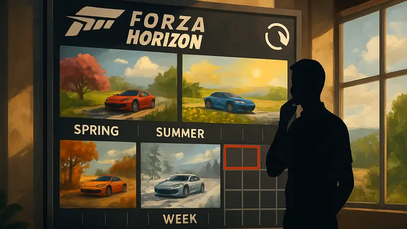 Календарь сезонов Forza Horizon 6, показывающий смену погоды и еженедельный сброс событий в игре.