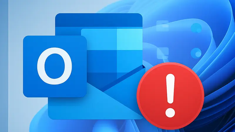 Логотип Microsoft Outlook на фоне интерфейса Windows 11 с индикатором ошибки