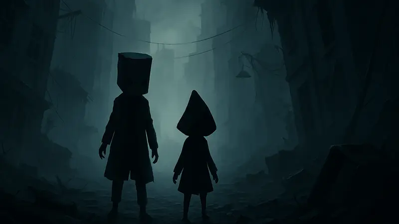 Моно и Шестая из Little Nightmares II, силуэты в мрачном, пугающем мире, символизирующие атмосферу хоррора.