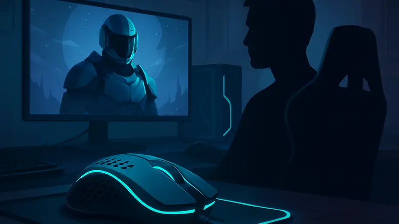 Футуристическая игровая мышь Superstrike на геймерском столе с подсветкой.