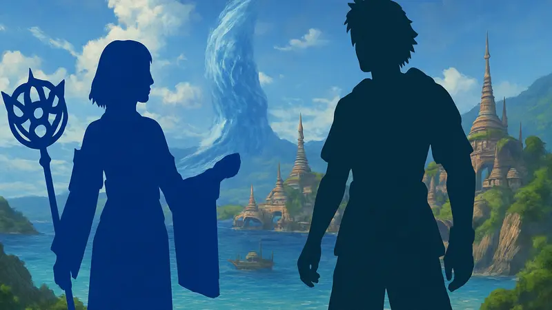 Персонажи Final Fantasy X, Юна и Тидус, на фоне мира Спиры, демонстрирующие особенности игры