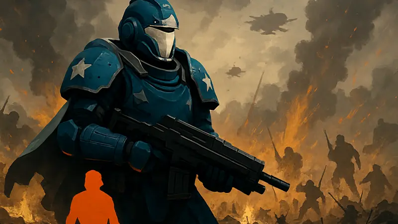 Боец Helldivers 2 в броне Super Citizen Edition на фоне сражения
