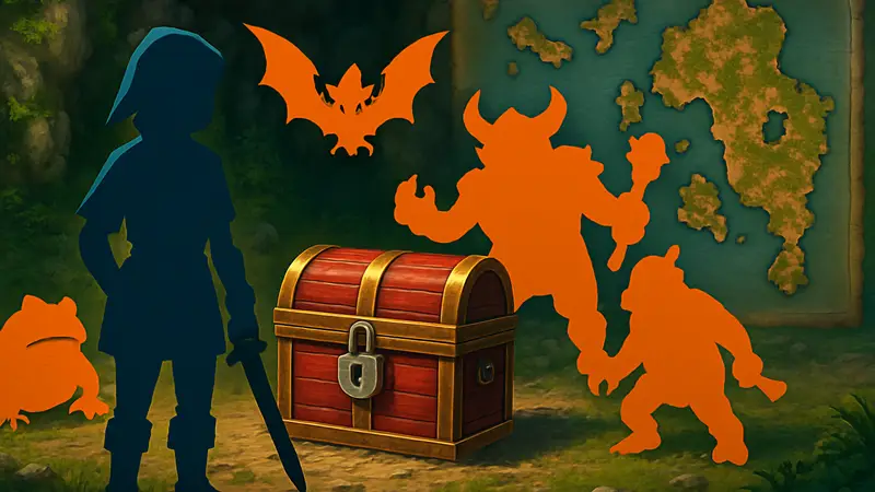 Скриншот из Dragon Quest 7 Reimagined с запертым сундуком, окруженным врагами, на фоне карты локации.