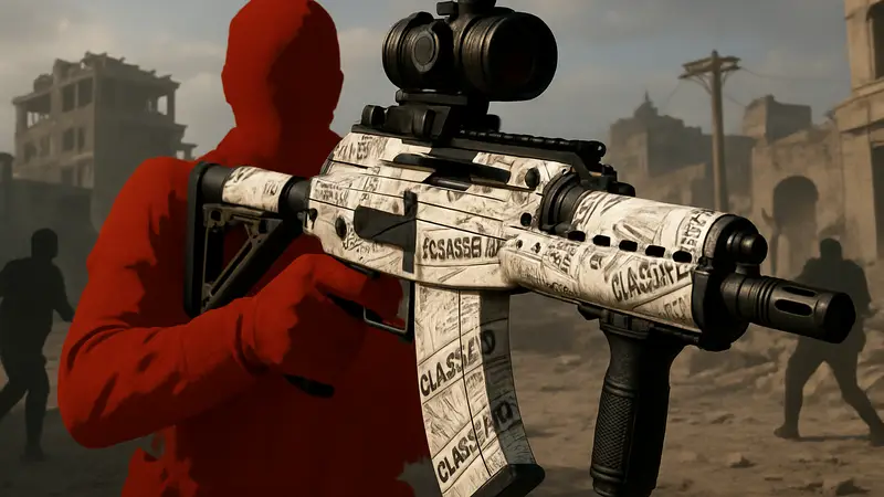 Игровое оружие с камуфляжем Classified в Call of Duty: Warzone или Black Ops 7, крупный план.