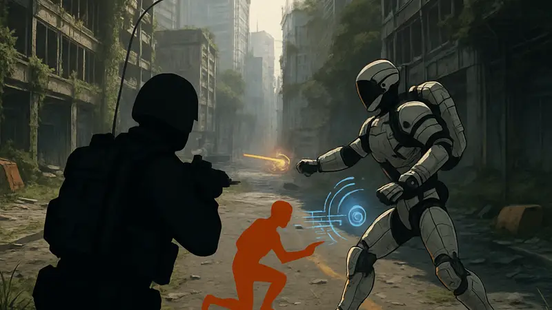 Скриншот из игры Pragmata, демонстрирующий уникальный визуальный стиль, боевую систему с элементами шутера и хакинга.