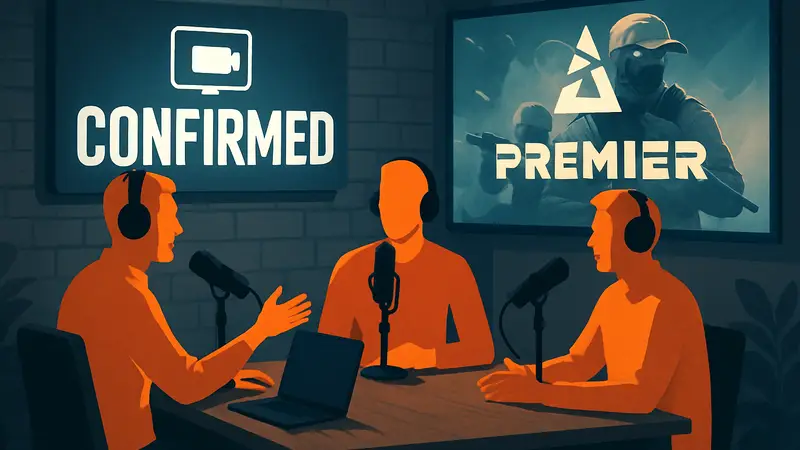 Логотип шоу HLTV Confirmed с ведущими, обсуждающими результаты турнира BLAST Premier.