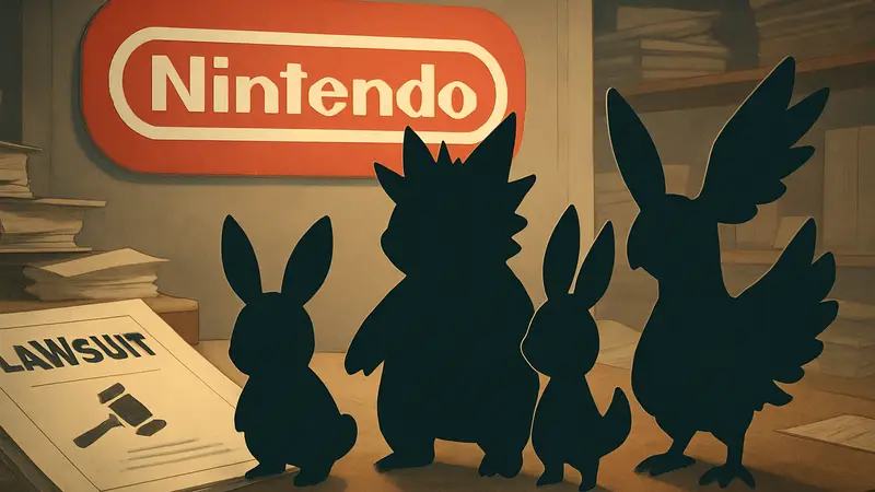 Логотип Nintendo и монстры из Palworld на фоне судебных документов, символизирующих юридическую тяжбу.
