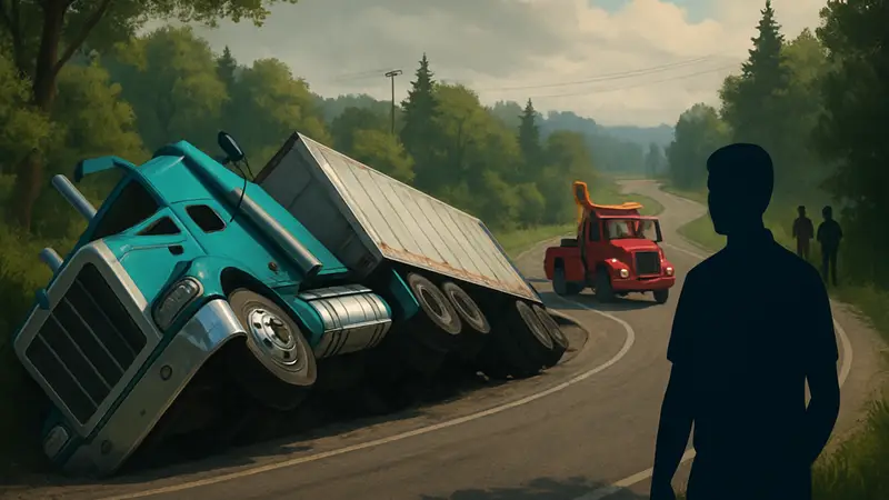 Грузовик из American Truck Simulator, перевернувшийся на повороте, с намёком на скорую помощь эвакуатора.