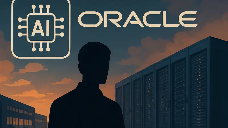 Логотип Oracle на фоне символов искусственного интеллекта и дата-центра.