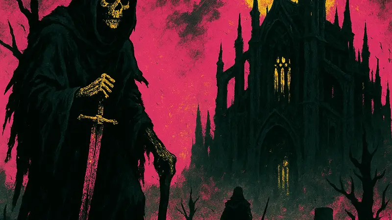 Изображение обложки или скриншота игры Mörk Borg Heresy Supreme, демонстрирующее мрачное фэнтези.