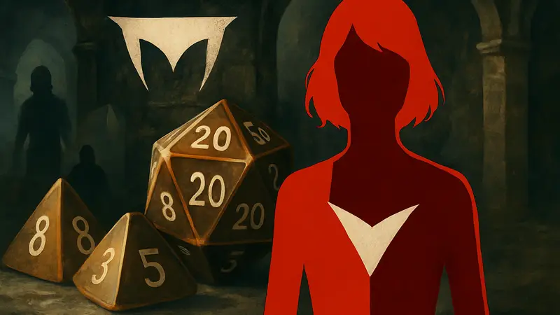Игровые кубики D&D и символика Vampire: The Masquerade, иллюстрация кроссовера