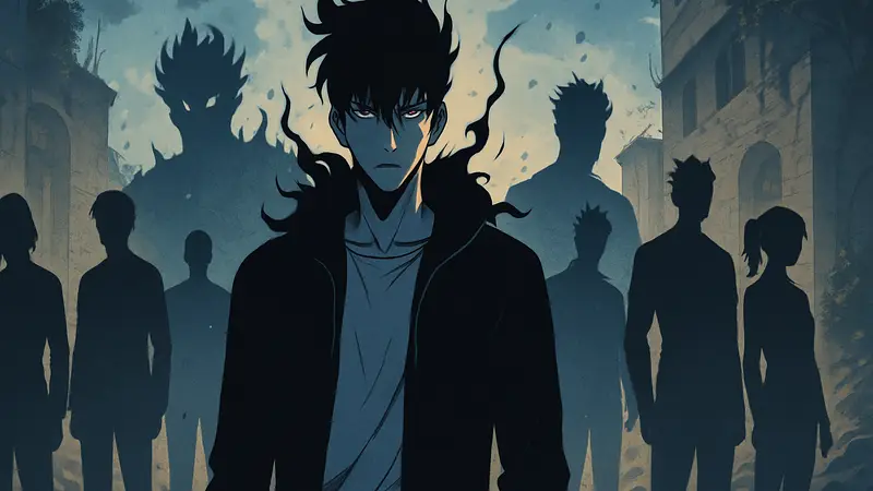 Арт с главным героем Solo Leveling Сун Джин Ву на фоне его теней и других персонажей.