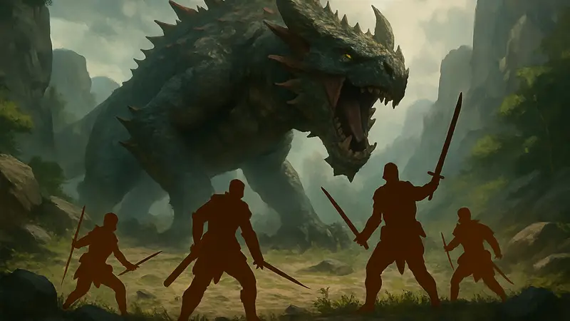 Обложка настольной игры Primal. Пробуждение с изображением монстров и охотников.