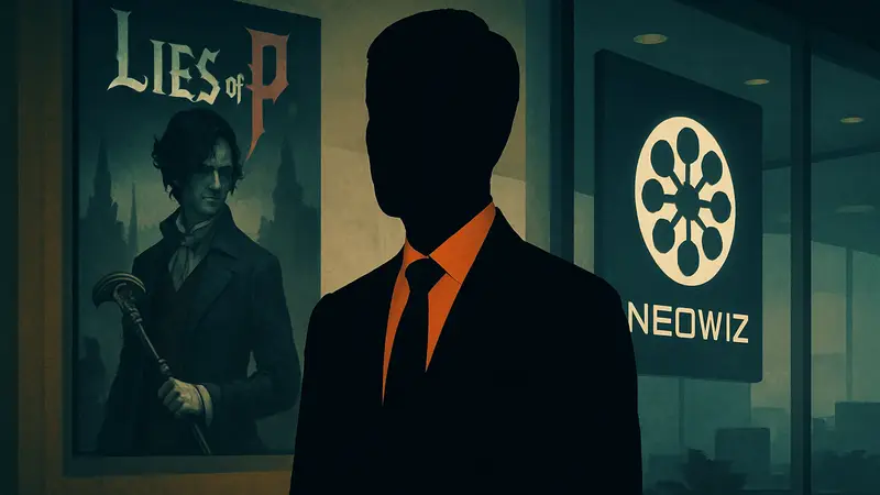 Портрет геймдиректора Чхве Джи-Вона на фоне логотипов Lies of P и Neowiz, символизирующий карьерный рост.