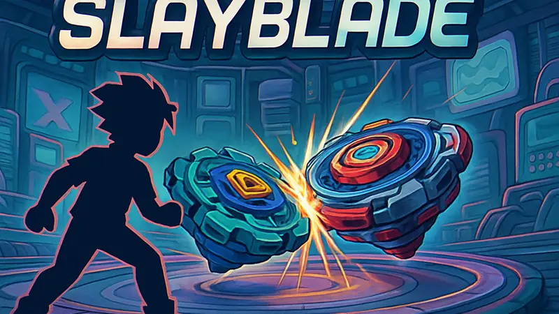 Обложка игры Slayblade с боевыми волчками и элементами Y2K-дизайна.