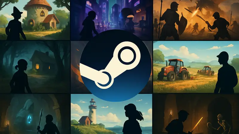 Сборник изображений из 10 различных инди-игр, представленных на Steam Next Fest, с логотипом Steam, демонстрирующий разнообразие жанров.