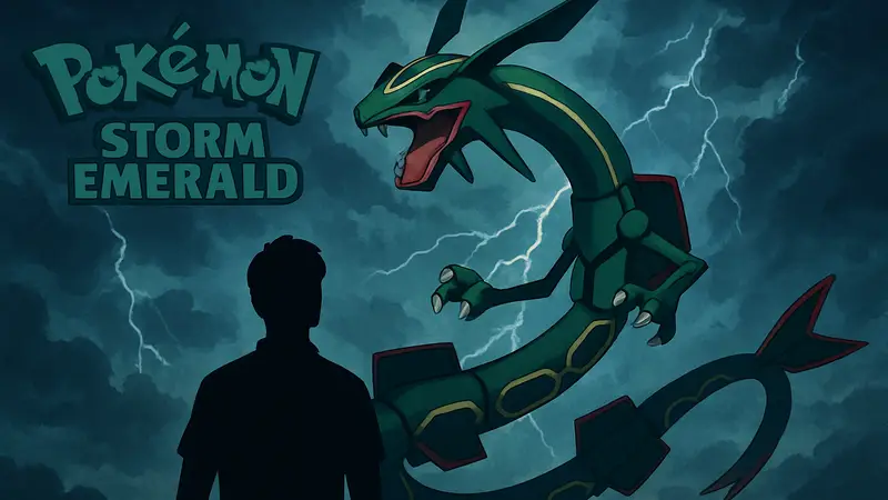Изображение легендарного покемона Рейквазы на фоне штормового неба, логотип Pokémon Storm Emerald.