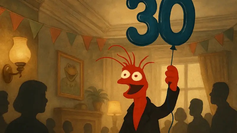 Пепе Королевская Креветка, персонаж Маппетов, празднует 30-летие.