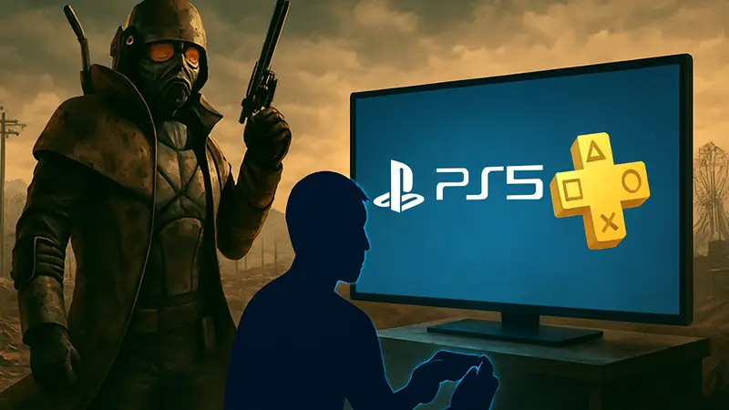 Персонаж из Fallout New Vegas, логотип PS5 и PS Plus, стриминг игр на консоли.