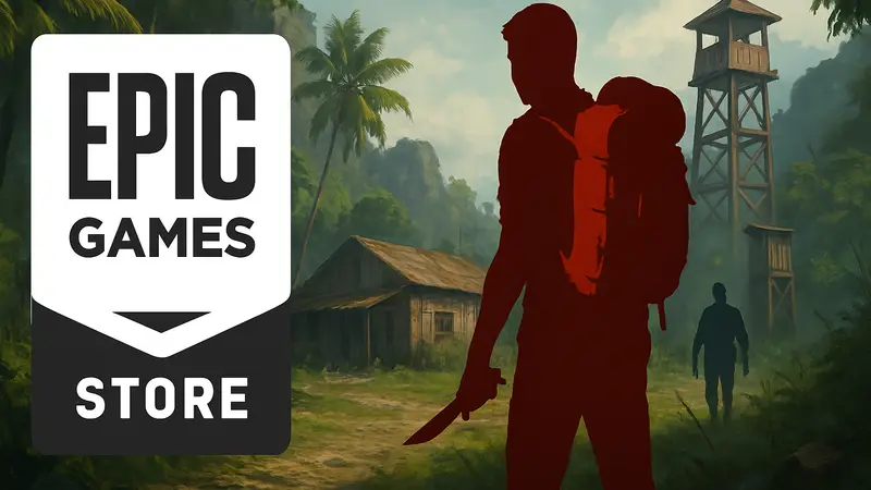 Логотип Epic Games Store и скриншот игры Devils Island, предлагаемой бесплатно до 16 мая.