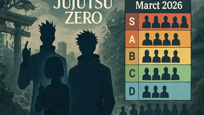 Обложка игры Jujutsu Zero с изображением персонажей и элементов тир-листа за март 2026 года.