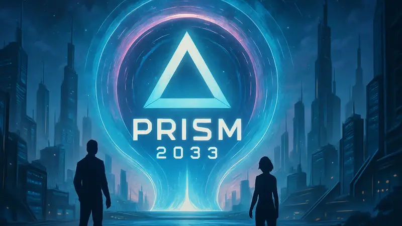 Логотип игры Prism 2033 на фоне футуристического города или портала, символизирующего мультивселенную.