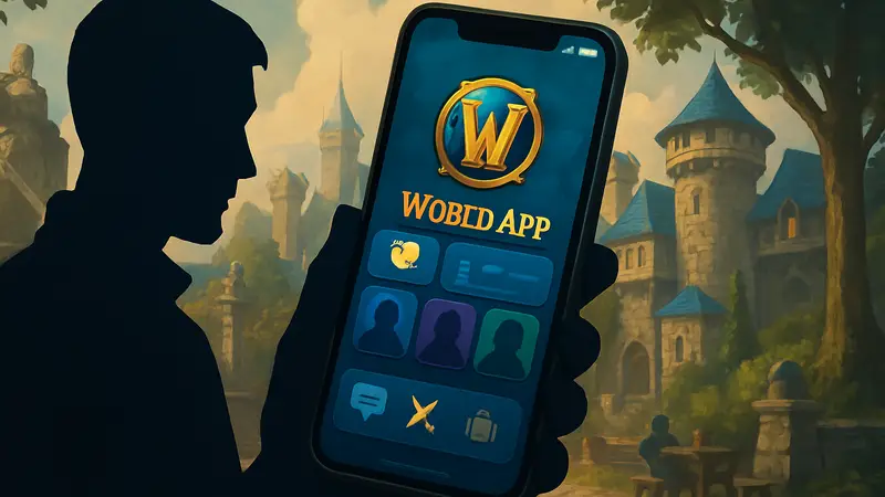 Логотип World of Warcraft Mobile App на экране смартфона с элементами игрового интерфейса.