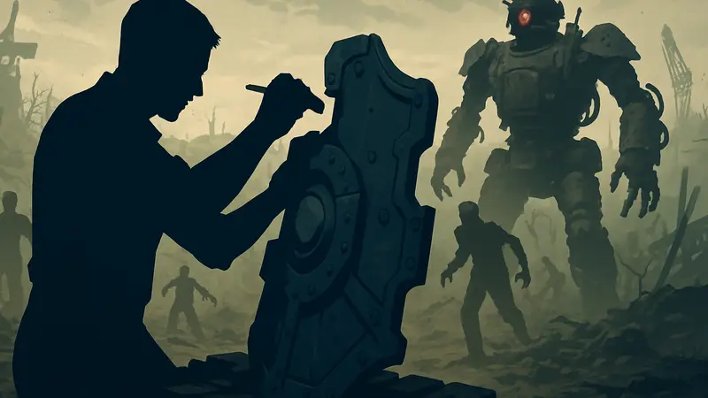 Игрок собирает щит в Black Ops 3 Zombies Origins, на фоне зомби и Панцерсолдата.