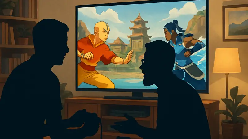Том Кэсвел и Бен Джанка играют в файтинг Avatar Legends: The Fighting Game.