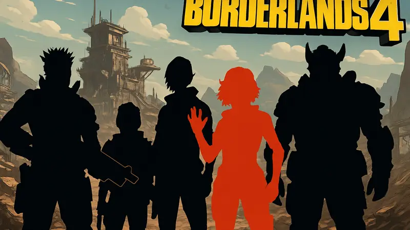 Постер Borderlands 4 с героями игры и надписью "Первый DLC и скидка"