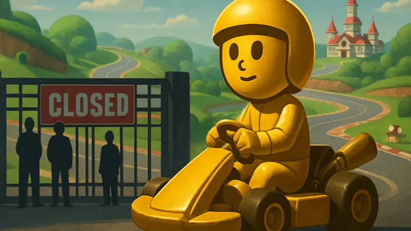 Гонщик Mii в золотом костюме из Mario Kart Tour на фоне закрывающегося сервиса.