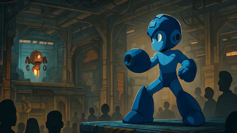 Кадр из игры Mega Man: Dual Override с классическим синим героем, готовящимся к битве на Gamescom 2024.