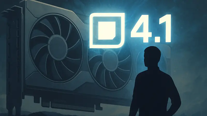 Логотип AMD FSR 4.1 на фоне видеокарты Radeon RX 7000, символизирующий улучшение графики и производительности.