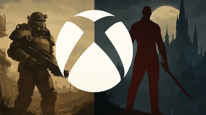 Логотип Xbox на фоне игровых сцен с намёками на Fallout и Blade, отражающий ожидания от летнего шоукейса.