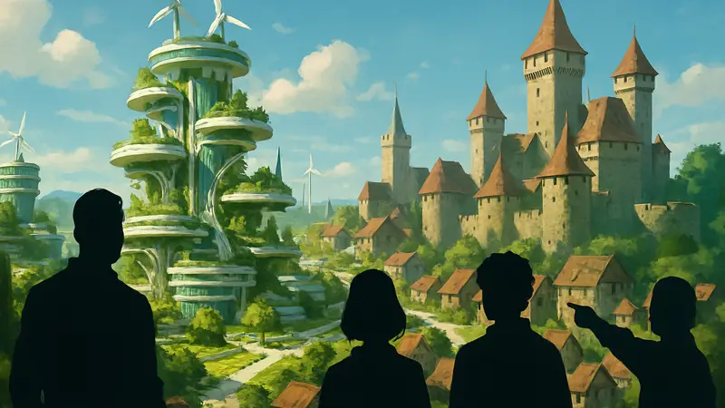 Изображение демонстрирует концепт-арт градостроительного симулятора с футуристическими или средневековыми постройками.