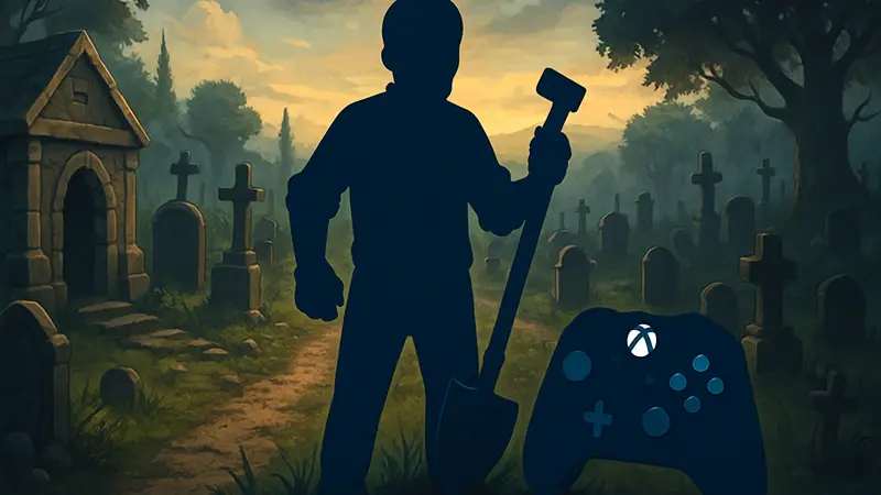 Главный герой игры Graveyard Keeper, стоящий на кладбище с лопатой на Xbox