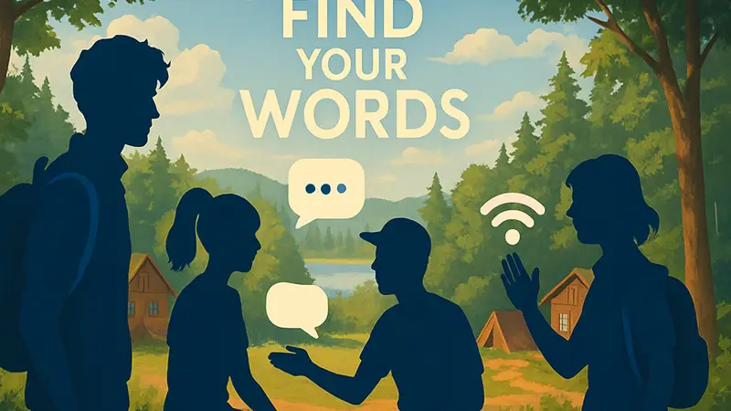 Обложка игры Find Your Words с персонажами летнего лагеря и элементами коммуникации