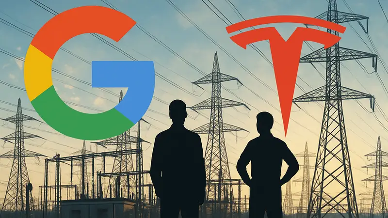 Логотипы Google и Tesla на фоне электростанции или энергетической сети, символизирующие инновации в управлении энергетикой.