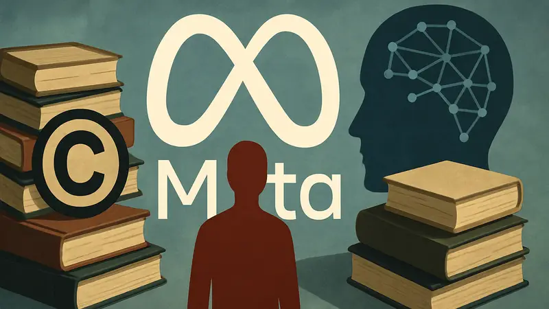 Логотип Meta и изображения книг, символизирующие спор об авторских правах и ИИ