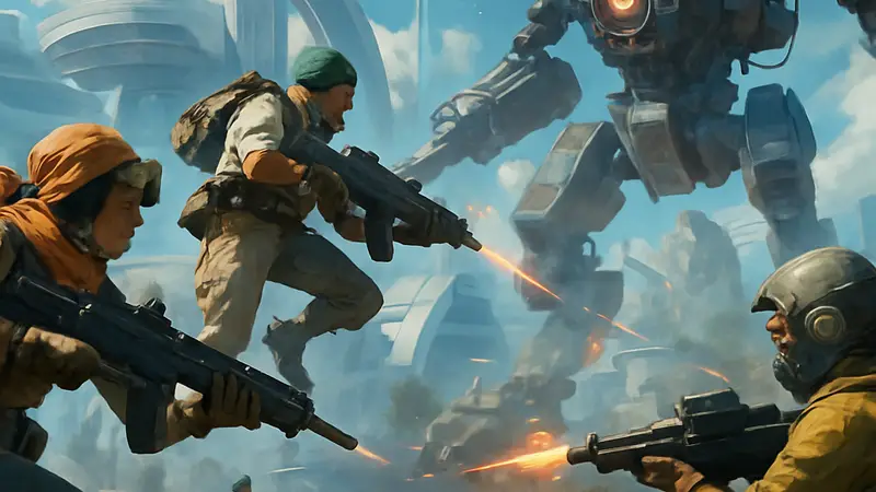 Кадр из игры Arc Raiders, демонстрирующий персонажей в динамичной схватке на фоне новой футуристической карты с боевыми машинами.