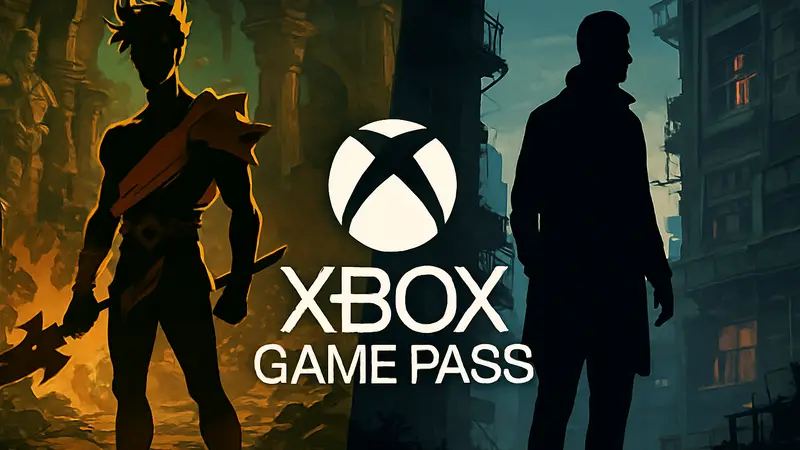 Логотип Xbox Game Pass на фоне новых игр, Hades 2 и Replaced.
