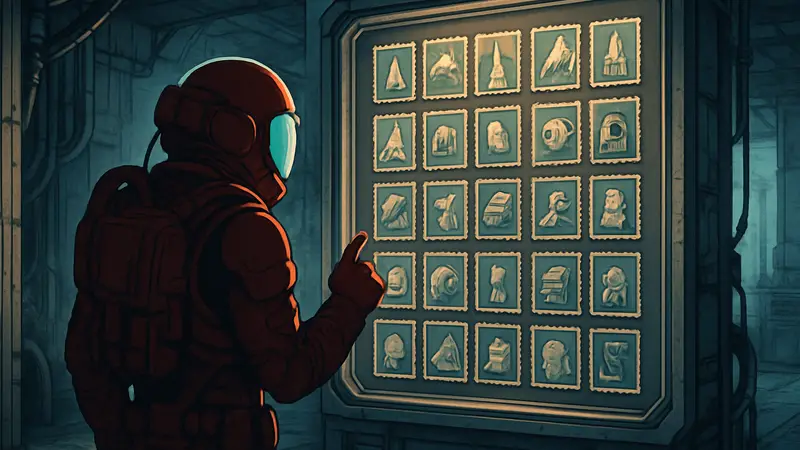 Игровой персонаж Pragmata рассматривает коллекцию марок или награды