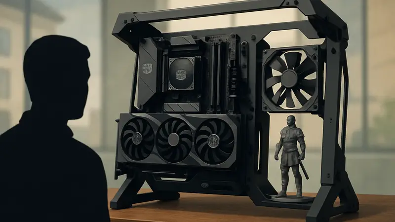 Открытый корпус Cooler Master MasterFrame 360 Panorama с комплектующими ПК и статуэткой