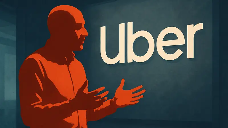 Сачин Кансал, руководитель по продуктам Uber, обсуждает будущее компании на фоне логотипа.