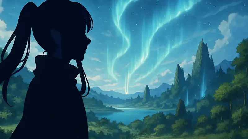 Фрирен, главная героиня аниме, задумчиво смотрит вдаль, на фоне магического пейзажа.