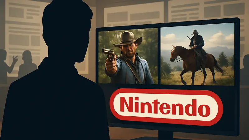 Логотип Nintendo и кадры из Red Dead Redemption 2 на фоне новостной ленты об игровых событиях.